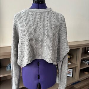 Hollister Cable Knit Sweater Womens Small Gray Cropped Oversized Long Sleeve